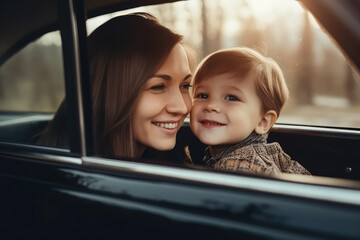 Smiling woman embracing son in automobile