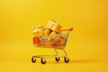 Shopping cart with gift boxes, isolated on yellow background, Generative AI