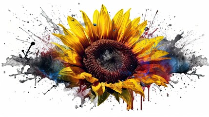 Colorful sunflower watercolor with splash art on white background.Generative AI