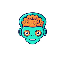 Cartoon head of an alien with a visible brain. Vector illustration