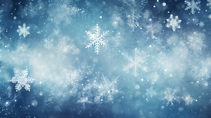 Fototapeta na wymiar Christmas winter blue background with snowflakes and space for text. Merry Christmas & Happy New Year concept.