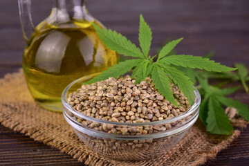 Healthy hemp oil and hemp seeds on wooden background.
