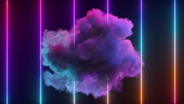 A bright mystical cloud rotates against the background of neon vertical lines. Smoke. Fantastic design. Blue pink color