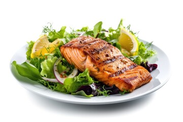 Plate of Grilled Chicken with Salad Isolated on a White Background. Generative AI