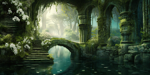 Gateway to a mystical moonlit magical garden,  Midnight, crumbling ruins covered in ivy