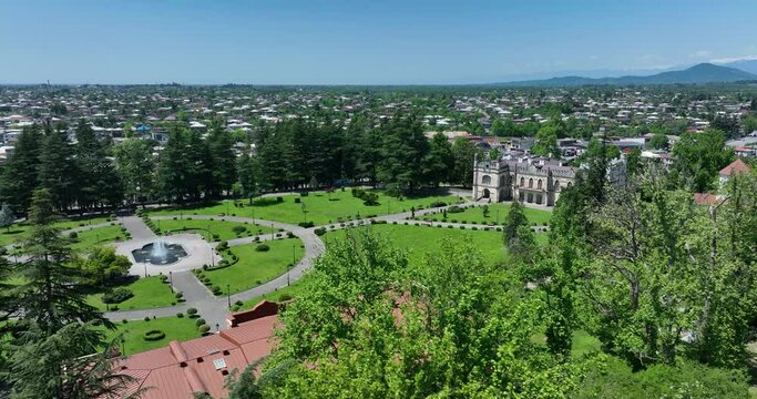 Aerial view of Dadiani Palace in the center of Zugdidi city. Georgia