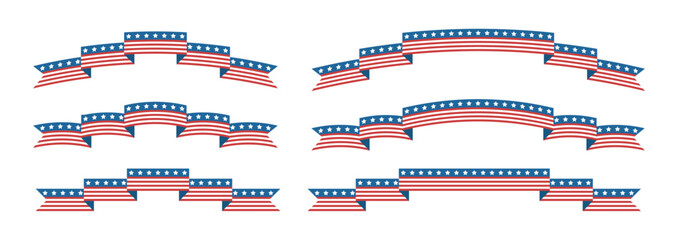 Set of ribbons for USA independence day. American flag. Can be used for card, borders, invitations. Isolated vector and PNG illustration on transparent background.