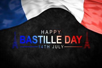 Fototapeta na wymiar Happy Bastille Day on July 14th. French Independence Day written on a black background with the French flag.