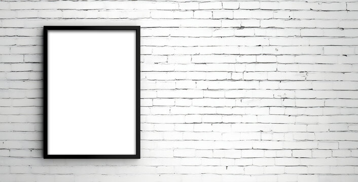 Photo frame with transparent cutout on white brick wall, PNG file. Mockup template for artwork design. Copy text space. 3D rendering