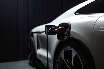 Close up of a modern electric car connected to a charger. Generative ai 
