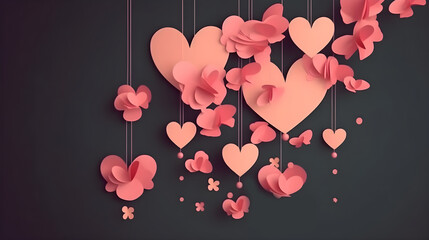 Hanging pink paper cut heart shape or love shape design element background. Valentines day, birthday, wedding anniversary, present, or special romantic couple greetings. Generative AI technology.