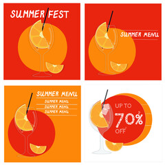 Summer poster set for advertising, discount, menu, with glass and soft drink, concept of hot evaporating prices, vector