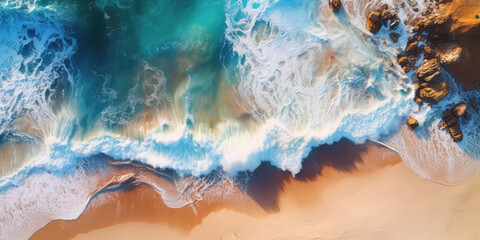 Top view on blue ocean waves with white foam crashing on the sandy beach shore, nobody. Beach summer vacation on seashore, horizontal banner. Generative AI drone overhead photo imitation.