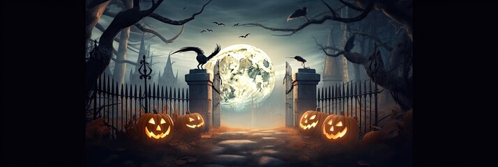 Spooky halloween night celebration with Jack O Lanterns design on dark forest background with moon and pumpkins Generative AI illustrations