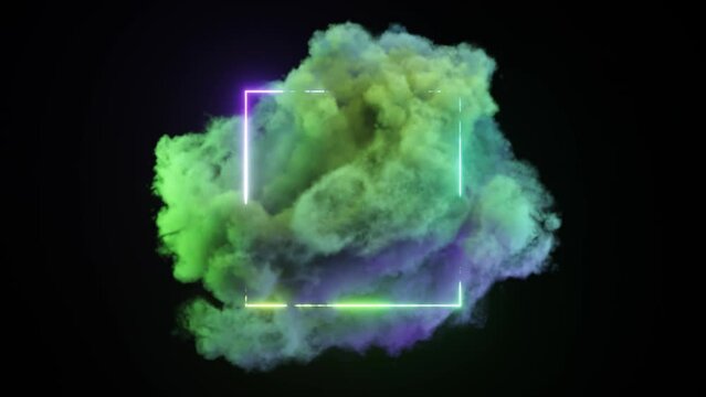 Abstract concept. Neon rainbow square on an isolated black background. A blue green cloud flies around. 3d animation 