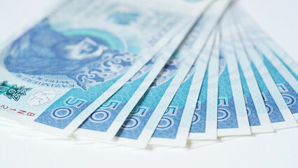 Close-up of zloty banknotes and coins on a white background, Polish currency. The concept of currency exchange in another country.Inflation and taxes in the European Union. Selective focus.