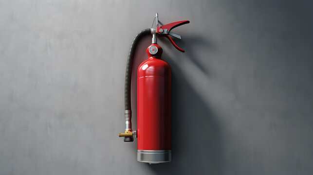 Fire extinguisher near grey wall indoors, space for text. Generative ai