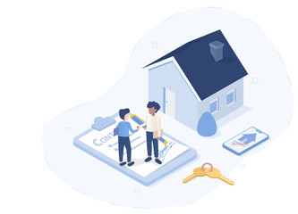 Mortgage or real estate rental concept. Second-hand home sales. Sellers and buyers deal contracts or agreements with signatures on paper. Isometric 3D vector design illustration with copy space.