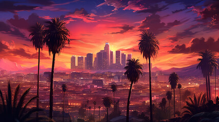 Beautiful sunset of Los Angeles downtown skyline and palm trees. Generative ai