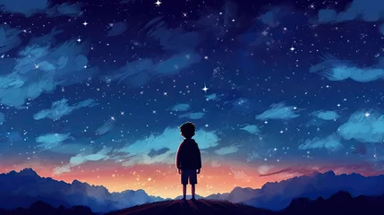Foto op Plexiglas Small boy standing outside and watching the stars in the universe. Dreamy stars background art. © New Visuals