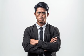 Portrait of a serious young asian man with arms crossed on white background. Generative AI