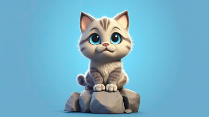 Fototapeta premium Cute Cartoon Kitten Sitting Pretty on a Rock. 