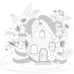 Cartoon fairytale pear house with  flowers, leaves, branches. Coloring book page for adults. Vector illusrtation