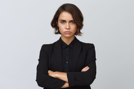Serious businesswoman with folded arms looking at camera over grey background. Generative AI