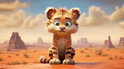 Playful Cartoon Tiger with Big Eyes Explores the Desert Wilderness. Baby tiger cartoon art.