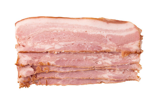 raw smoked bacon isolated, streaky brisket slices, fresh thin sliced bacon on white background