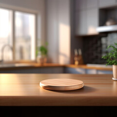 Generative AI, Illustration. An empty table on a blurry background of a kitchen. Mockup, the creator of the scene.