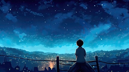 Small boy standing outside and watching the stars in the universe. Dreamy stars background art. - obrazy, fototapety, plakaty