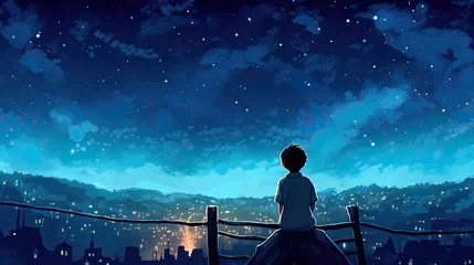 Foto op Aluminium Small boy standing outside and watching the stars in the universe. Dreamy stars background art. © New Visuals