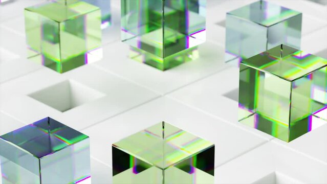 Glass colored cubes fly out of white cells on the floor. Green and transparent. 3d animation of a seamless loop.