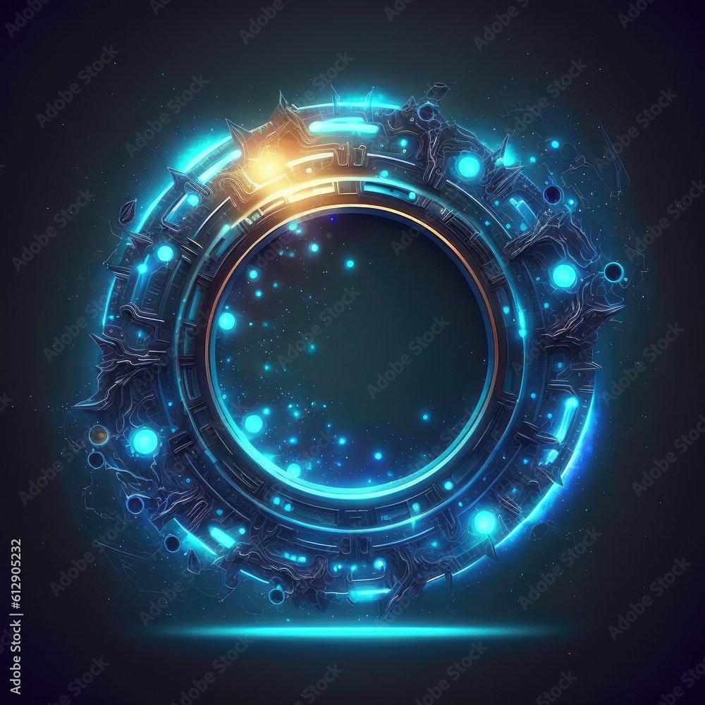 Poster abstract of glowing futuristic circle frame illuminated with neon blue color light. concept of futur