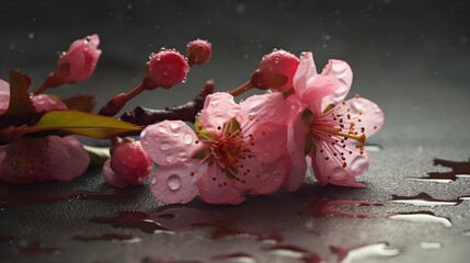 Beautiful close up a branch of pink cherry blossom flowers or Sakura flowers laying down with some water droplet. Generative AI technology.