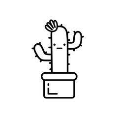 Cactus character, funny cactus with flower. Cute succulent or cactus plant with happy face. Vector Illustration on a white background. Doodle style