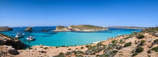 Comino Island, Malta, May 10, 2023, Panoramic view of the famous Blue Lagoon