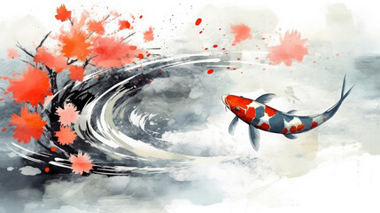 Watercolor illustration of koi fish. Traditional oriental, minimalistic Japanese style. Generative AI