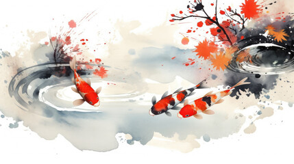 Watercolor illustration of koi fish. Traditional oriental, minimalistic Japanese style. Generative AI