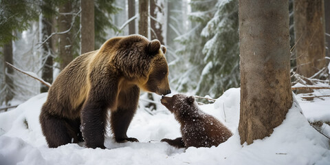 Brown bear with cub in winter forest
