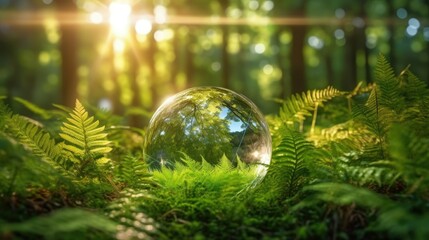 Crystal earth on ferns in green grass forest with sunlight. Environment, save the World, earth day, ecology, and Conservation Concepts