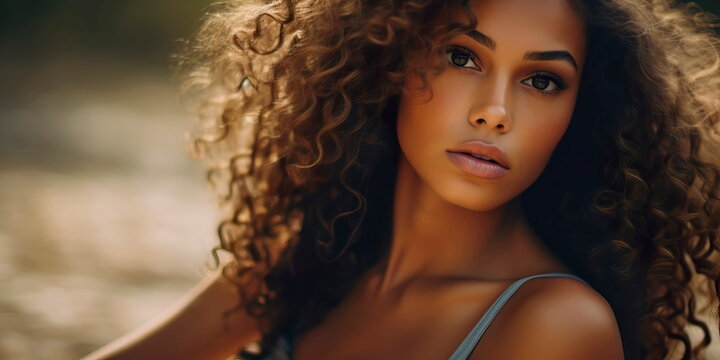 Beautiful portrait of a young girl with smooth tanned skin and tender Generative ai