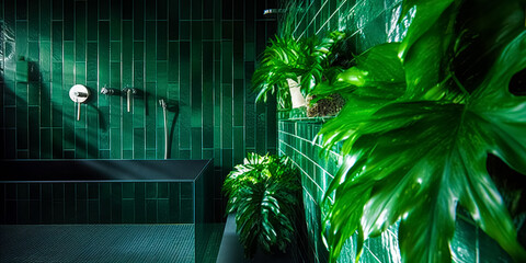 Luxury bathroom in tropical jungle style with dark theme, green plants. Bright bathroom with green tile and a variety of green plants, a green oasis for relaxation.