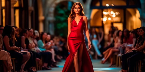 Obraz na płótnie Canvas beautiful model walking the catwalks in full length at a fashion show glamour shot Generative ai
