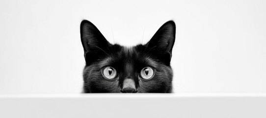 Cute black cat peeks out from under the table
