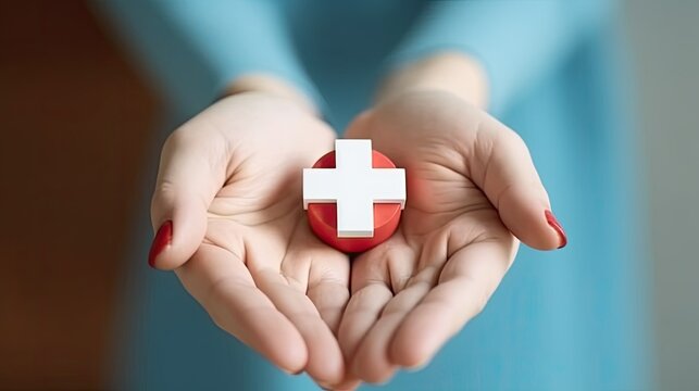 Woman hand holding plus icon for the healthcare medical icon. Health insurance health concept. access to welfare health and copy space