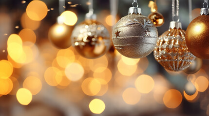 Christmas tree and golden christmas balls on abstract defocus background with bokeh. Generative AI