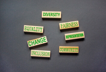 Diversity inclusion symbol. Concept words Community Diversity Equality Fairness Inclusion Representation Change on wooden block. Beautiful grey background. Diversity equality inclusion concept.