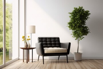 Modern mid century and minimalist interior of living room ,leather armchair with table on white wall and wood floor Interior design of a lavish side outside garden. Generative AI